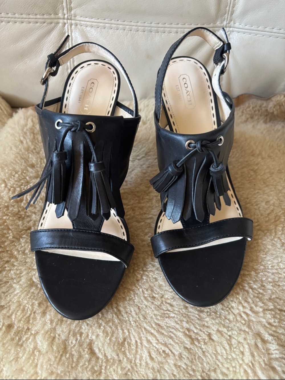 Coach Black Leather Tassel Slingback Sandals with Ankle Strap - Picture 1 of 11